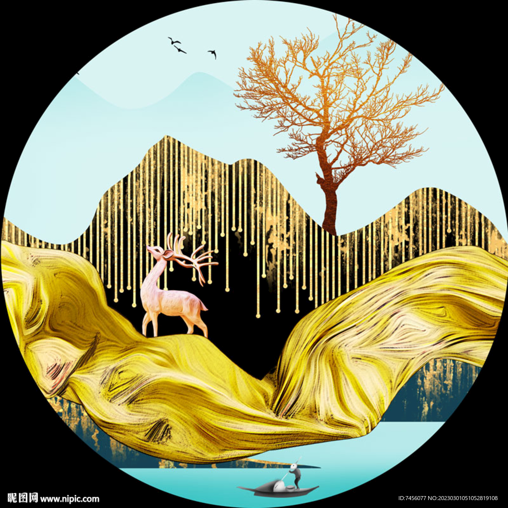 金色绸布麋鹿湖畔圆形挂画装饰画