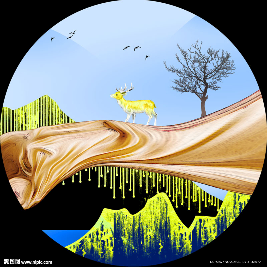 水彩山脉湖畔麋鹿圆形挂画装饰画