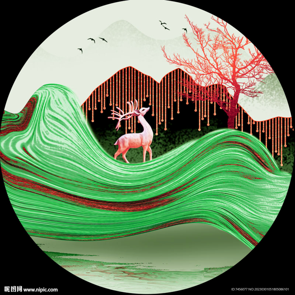 湖泊绸布麋鹿圆形挂画装饰画