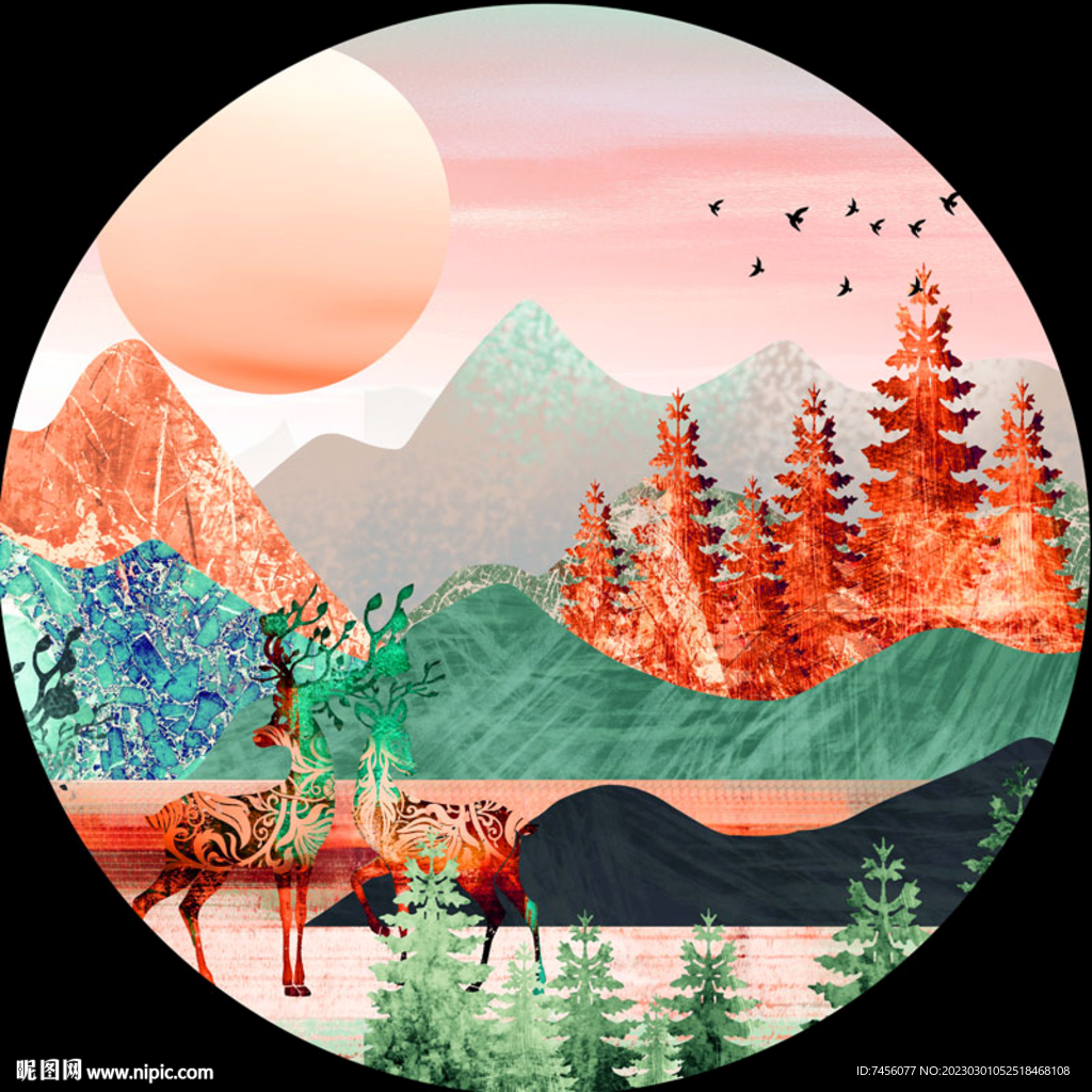 水彩麋鹿树林圆形挂画装饰画