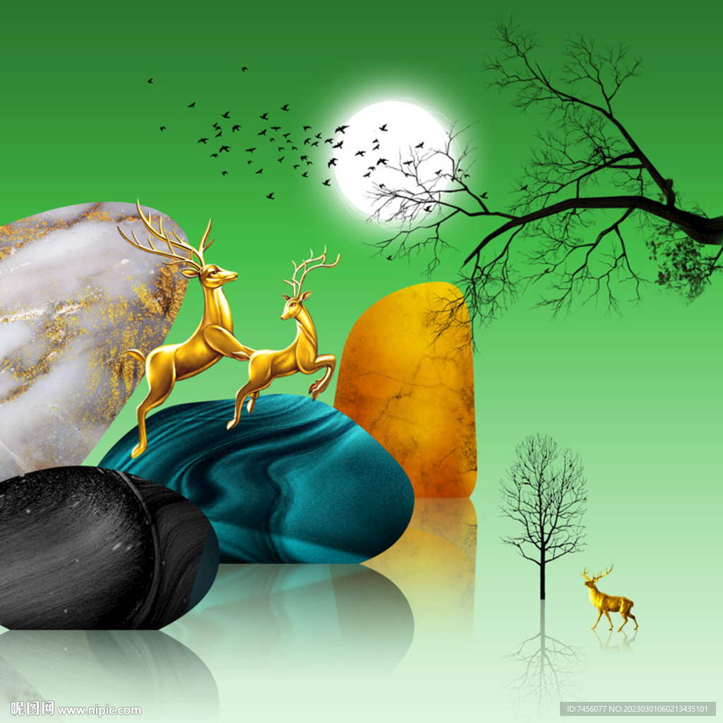 麋鹿鹅卵石简约树挂画装饰画