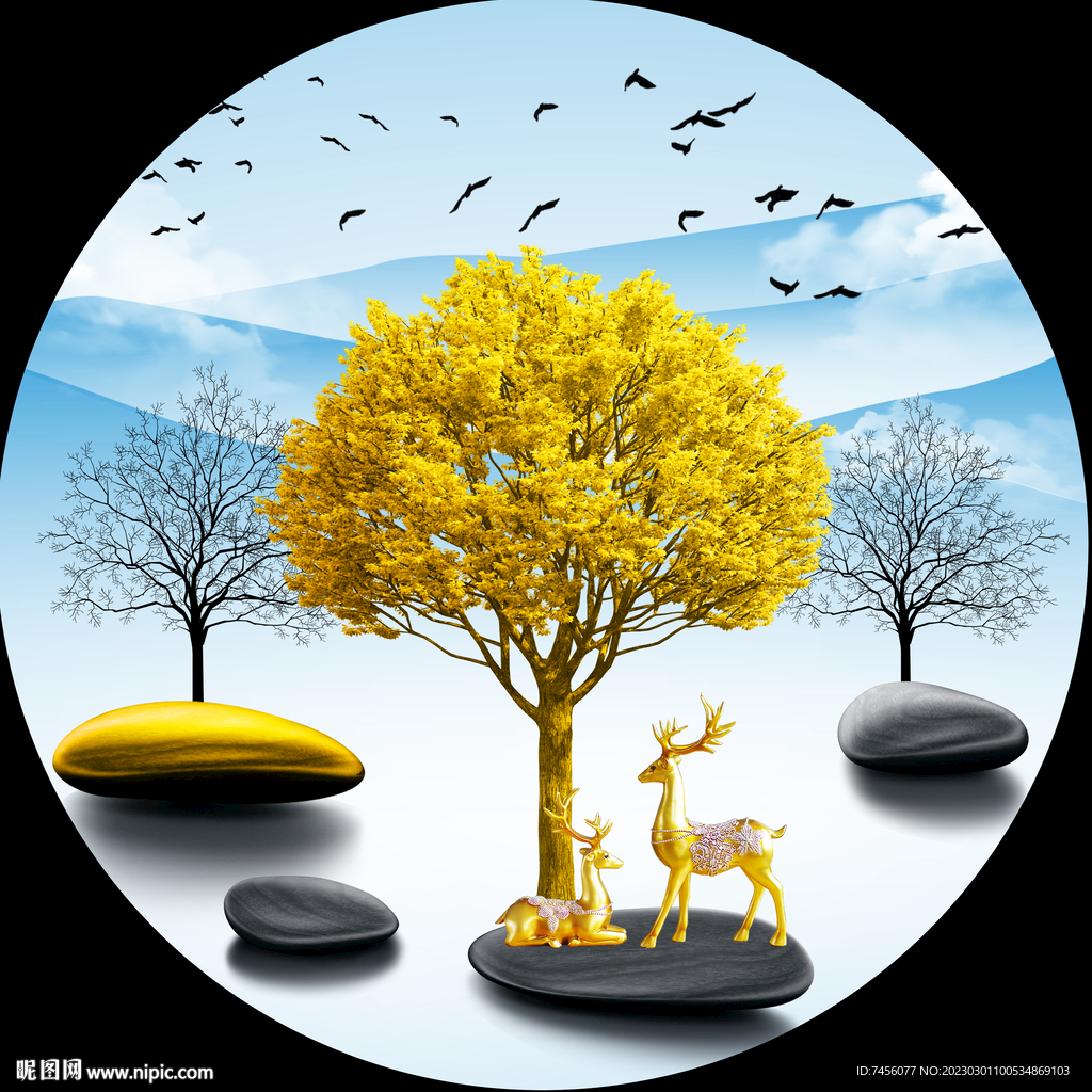 发财树麋鹿湖泊圆形挂画装饰画