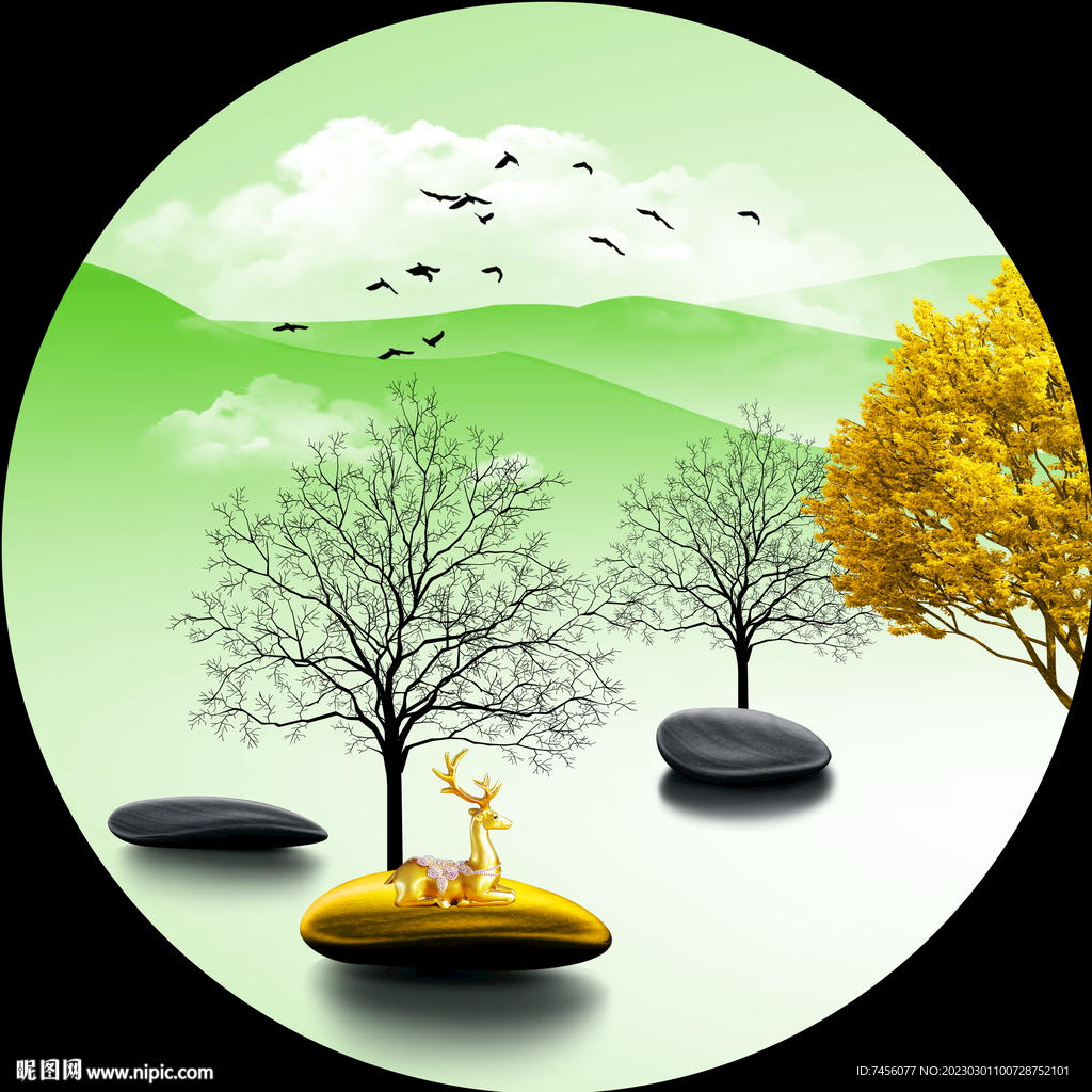 简约树湖泊唯美圆形挂画装饰画