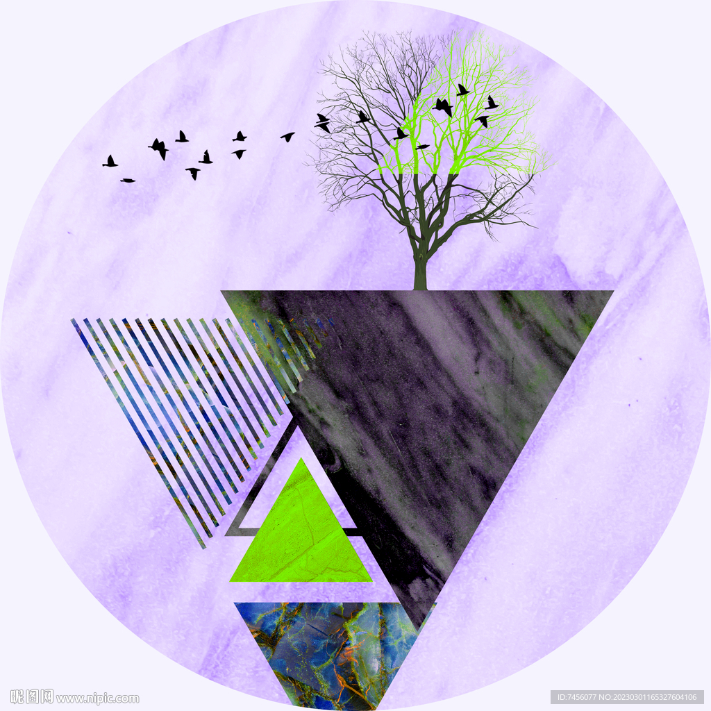 简约三角山脉飞鸟圆形挂画装饰画