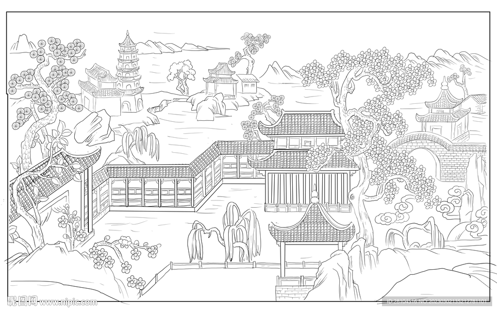 白描古建图 