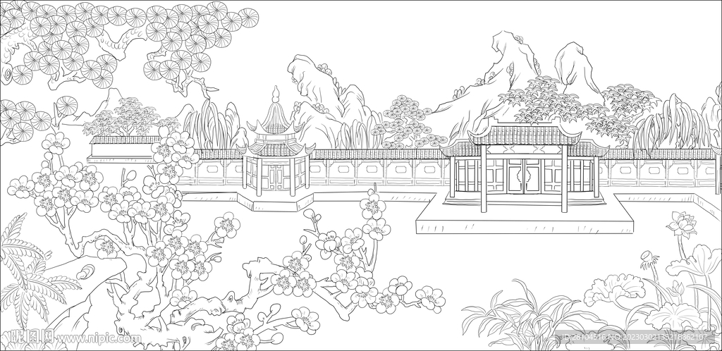 白描古建图 