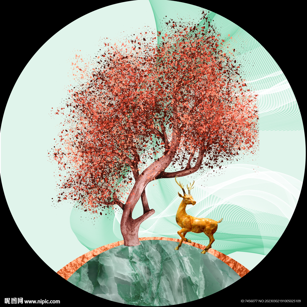 水彩大树麋鹿圆形挂画装饰画