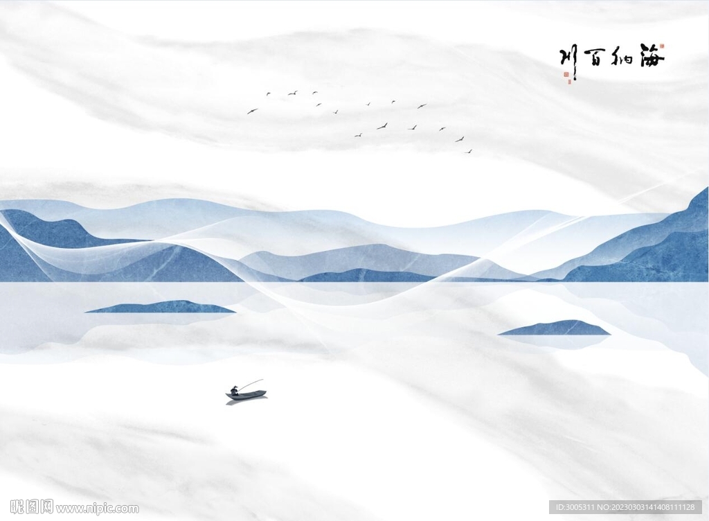灰白大理石背景墙 山水画 船