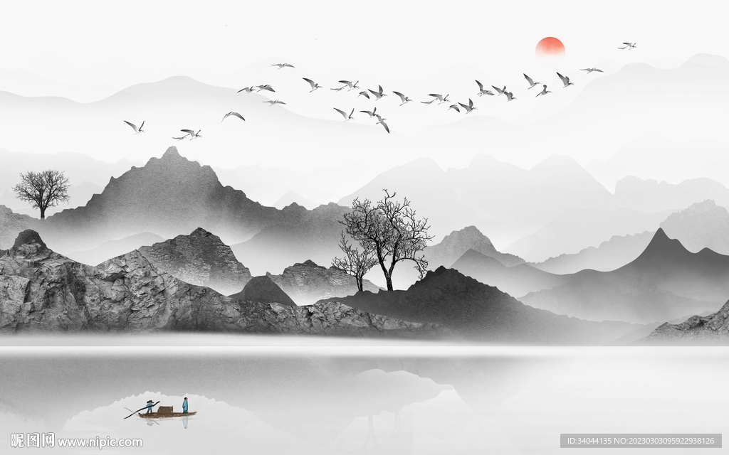 山水水墨迷雾费鸟背景墙