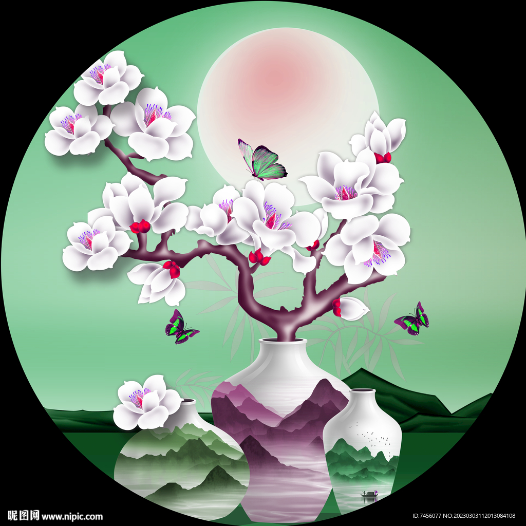 唯美花卉花瓶圆形挂画装饰画