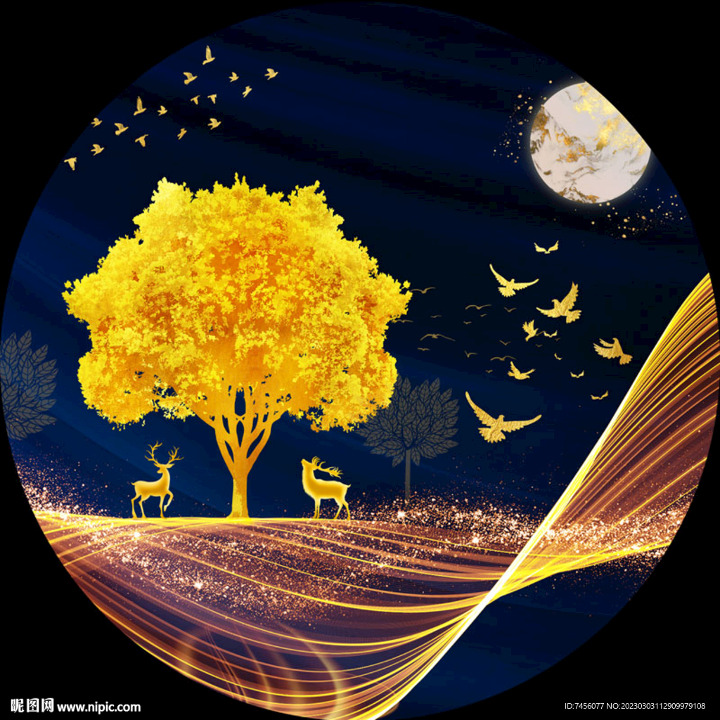 发财树麋鹿飞鸟圆形挂画装饰画