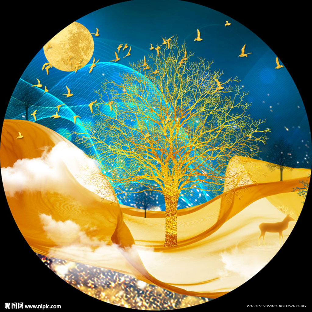 飞鸟水彩树绸布圆形挂画装饰画