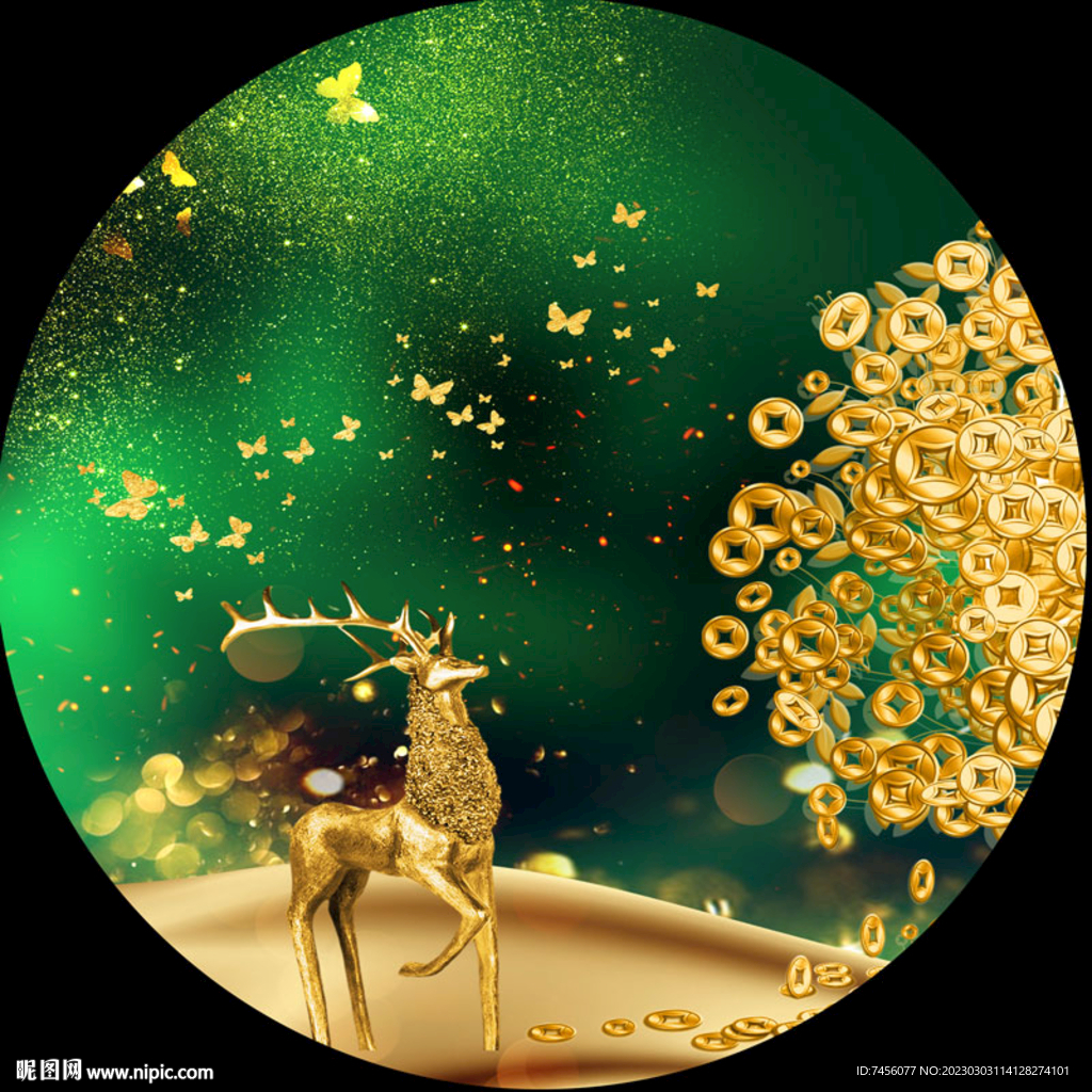 发财树麋鹿唯美圆形挂画装饰画