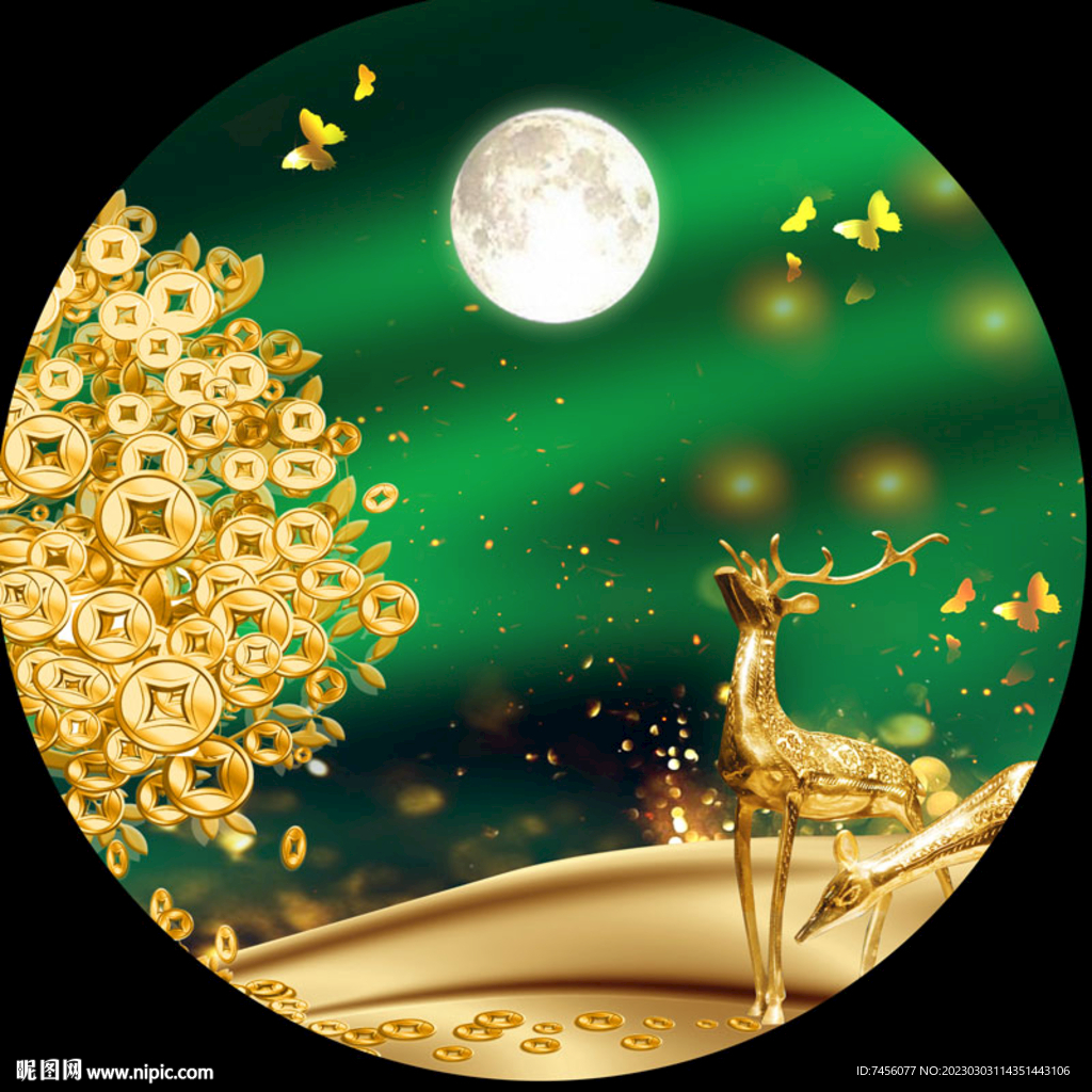 明月发财树麋鹿圆形挂画装饰画