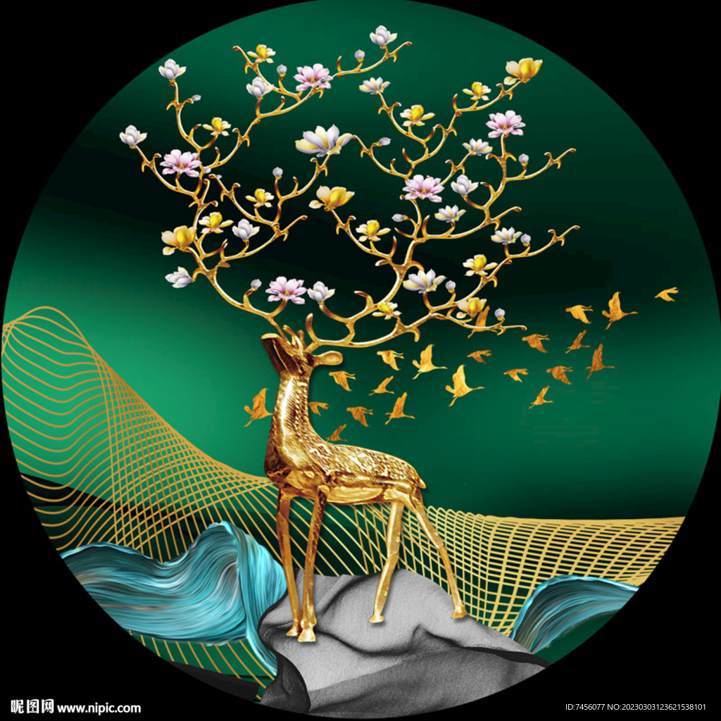金色麋鹿唯美圆形挂画装饰画