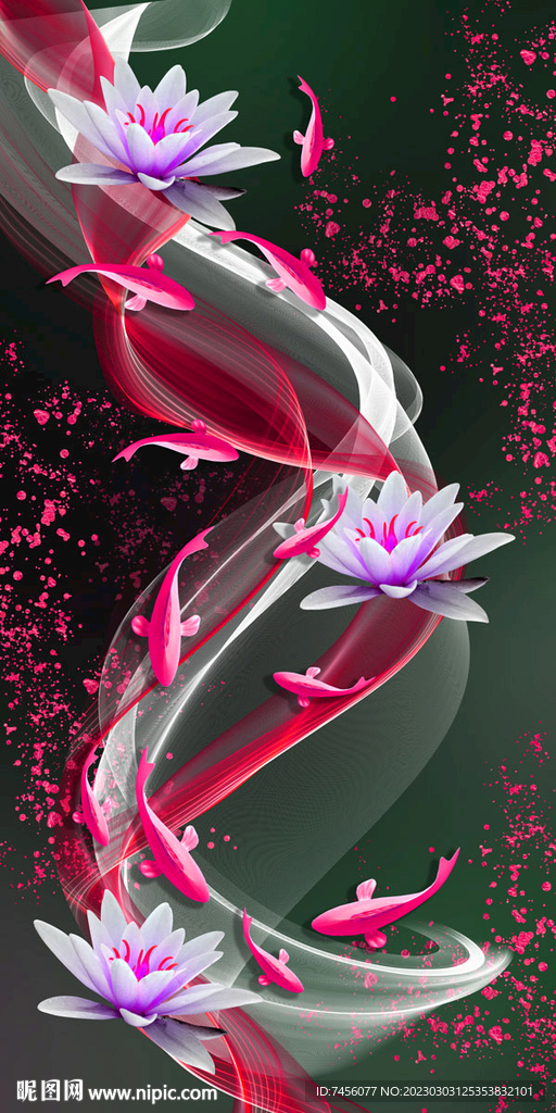 莲花花朵游鱼唯美挂画装饰画