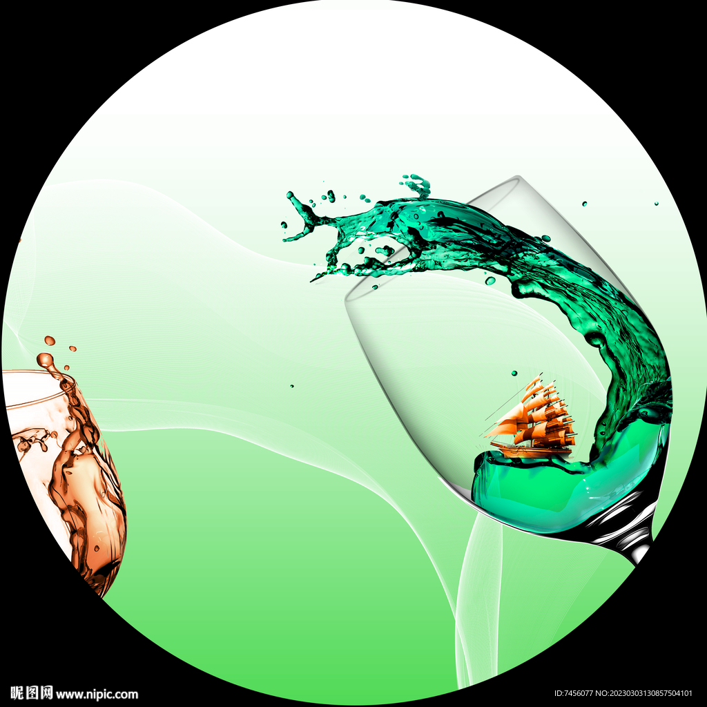 酒杯酒水帆船圆形挂画装饰画