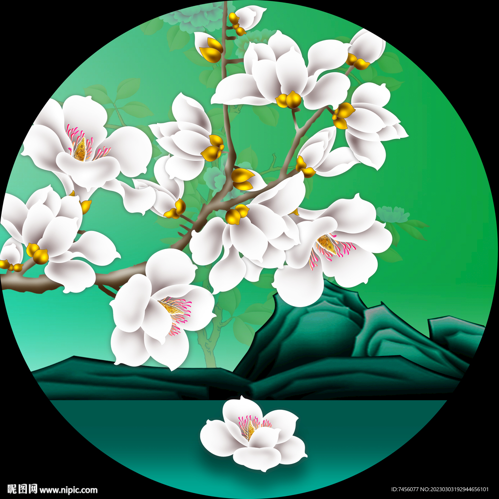 小白花花枝唯美圆形挂画装饰画