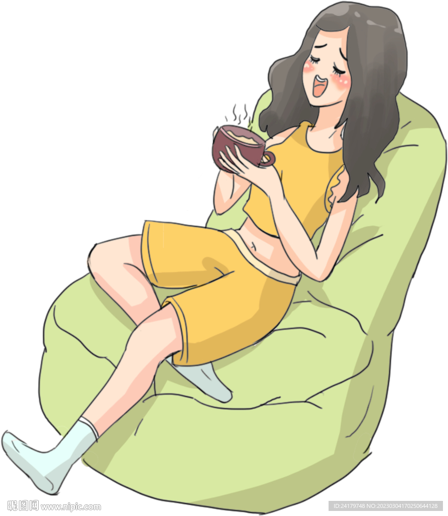 手绘女孩坐沙发舒服喝茶图