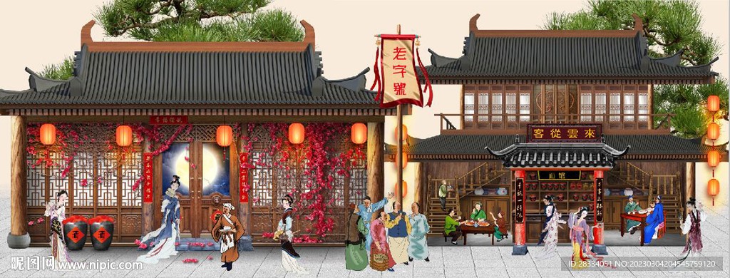 古代市井集市饭馆背景墙壁画