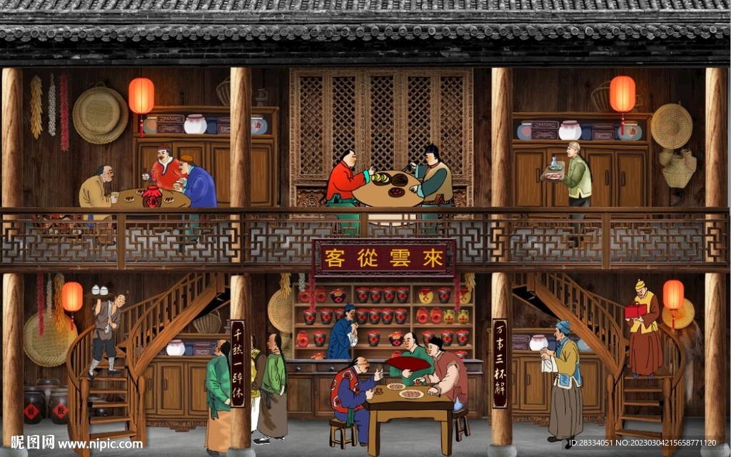 古代市井集市饭馆背景墙壁画
