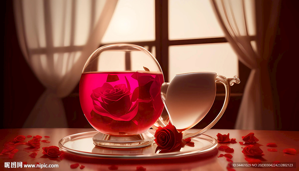 浪漫的玫瑰花茶和玻璃茶壶