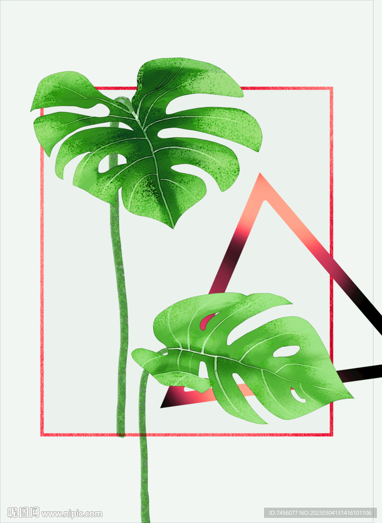 水彩绿叶几何挂画装饰画