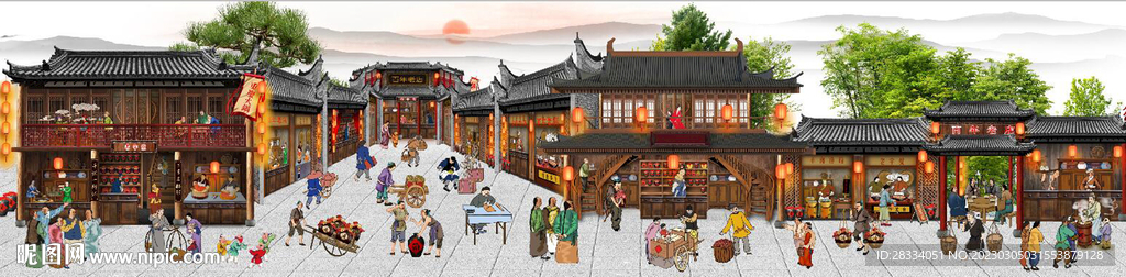 古代市井集市饭馆背景墙壁画
