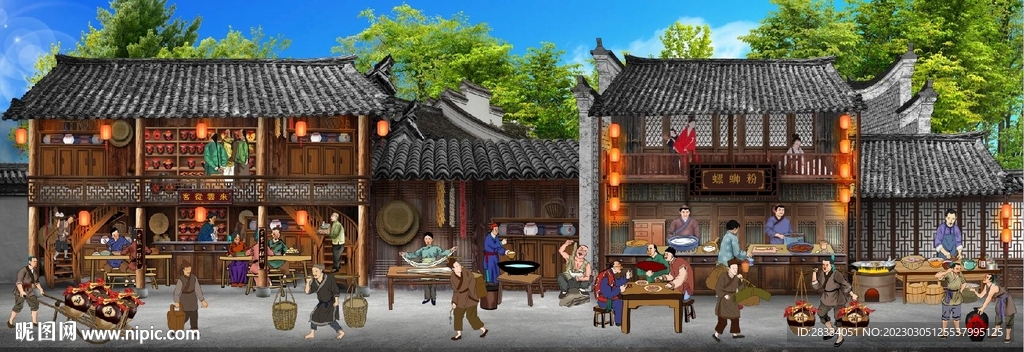 古代市井集市饭馆背景墙壁画