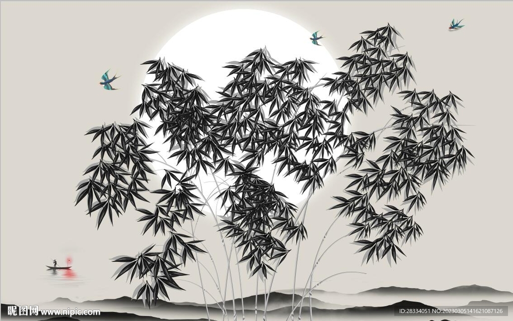 新中式水墨竹林风景背景墙壁画