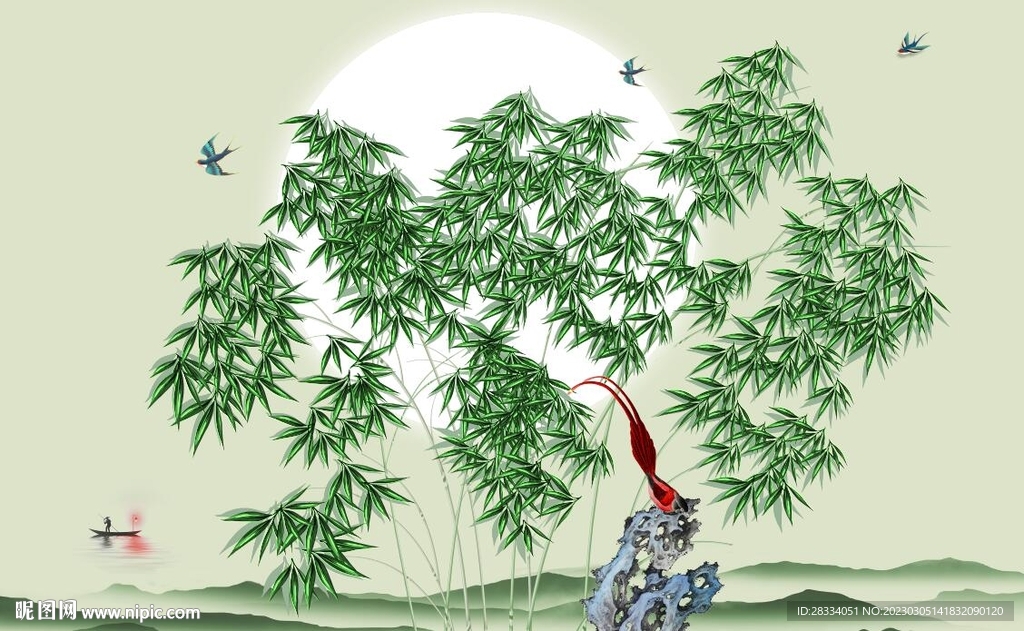 新中式水墨竹林风景背景墙壁画