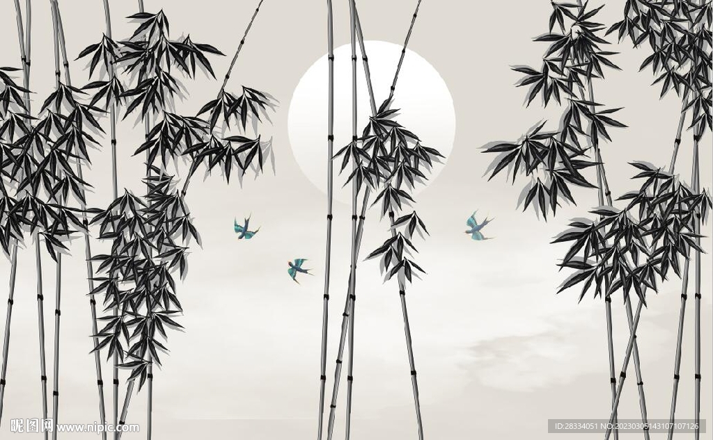 新中式水墨竹林风景背景墙壁画