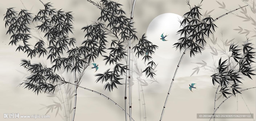 新中式水墨竹林风景背景墙壁画