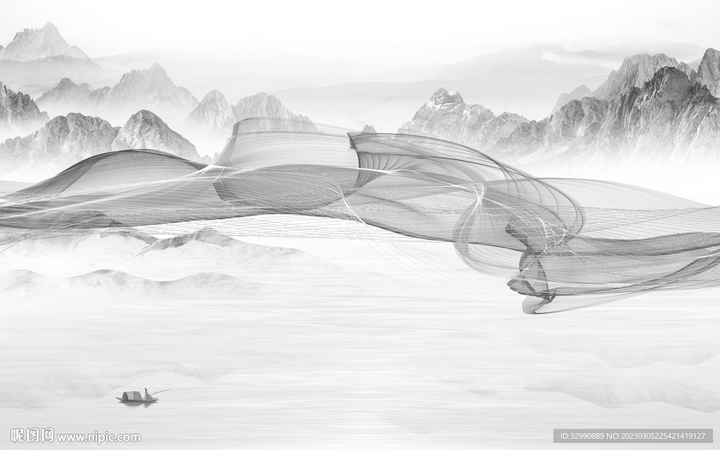 人气 灰色简意山水 Tif分层