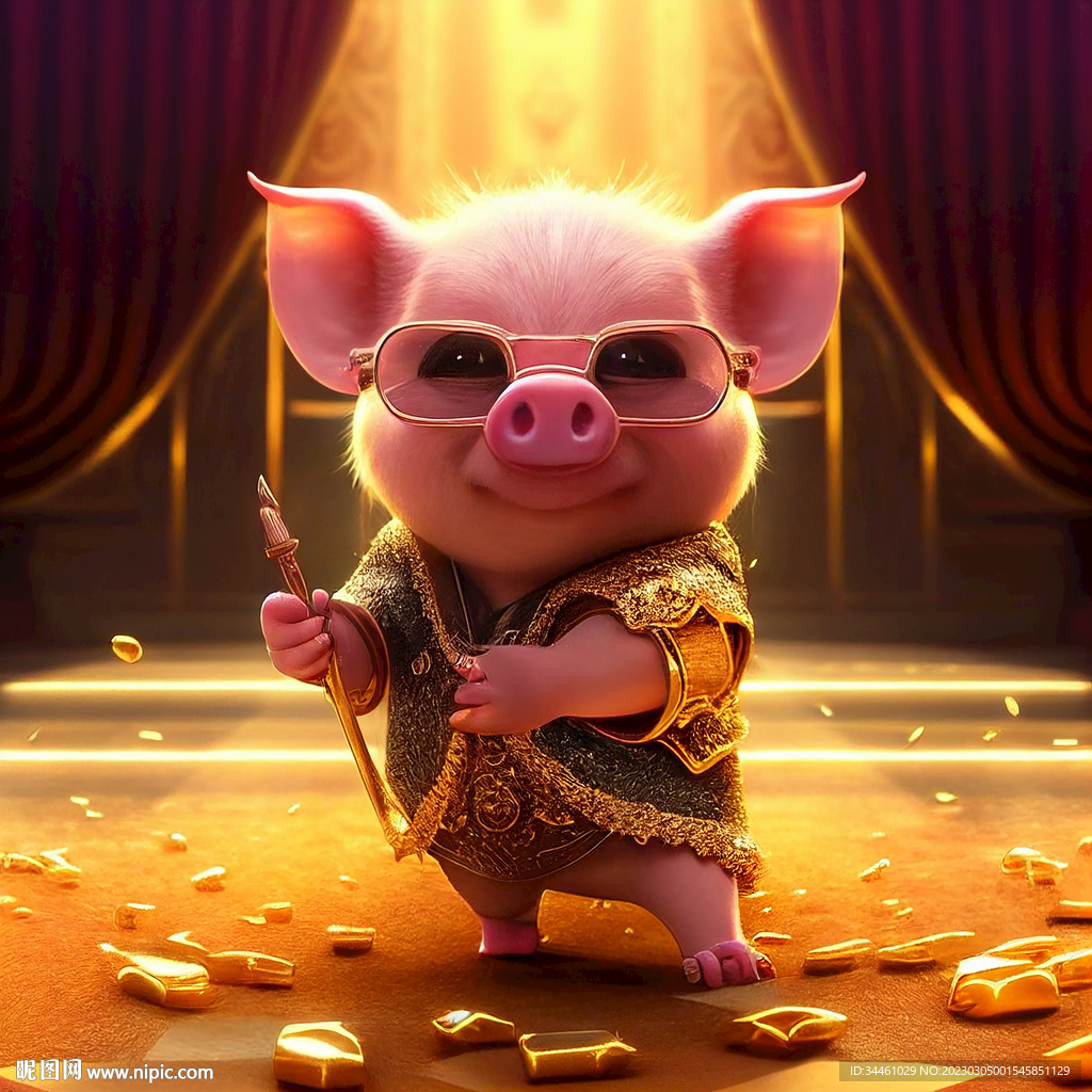 金色可爱小猪 戴着金饰品 宠物