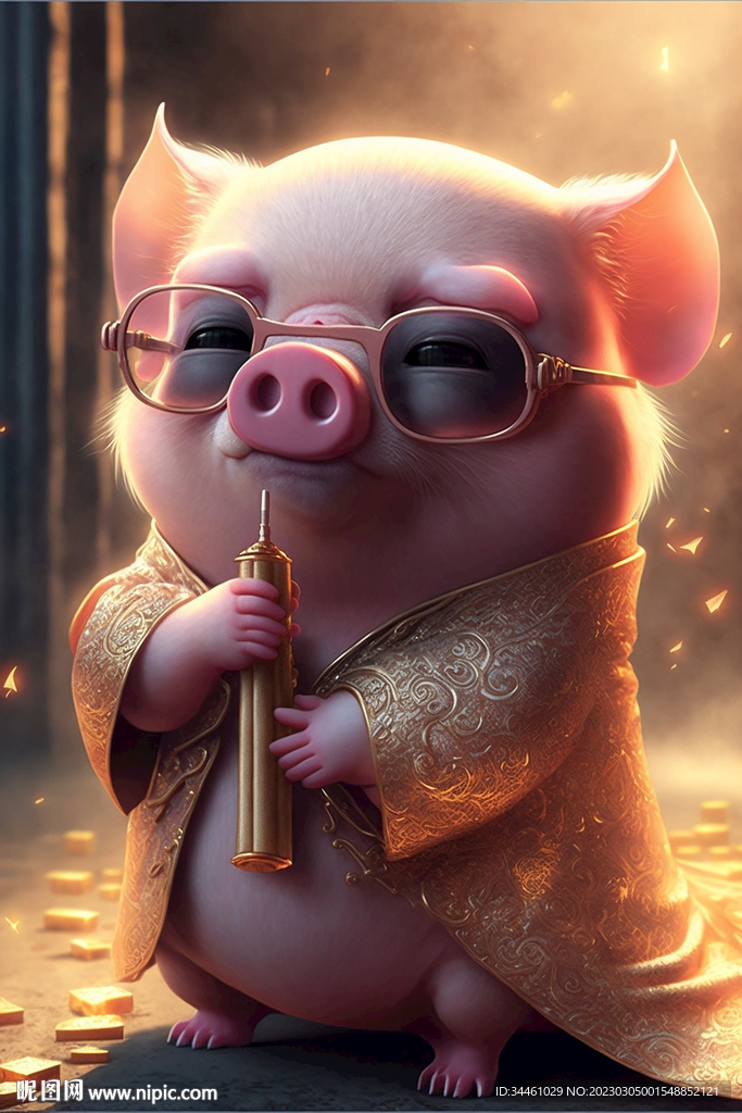 金色可爱小猪 戴着金饰品 