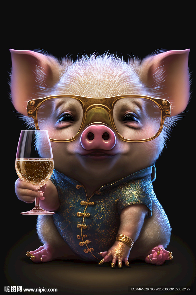 金色可爱小猪 戴着金饰品喝酒