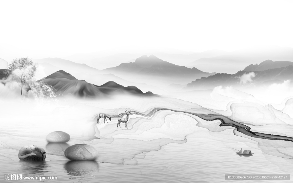 沙发 简意灰色山水 tif分层