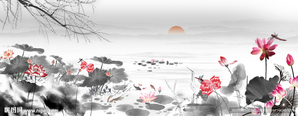 荷花池写意水墨中国风