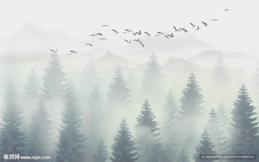 森林迷雾飞鸟背景墙 装饰画