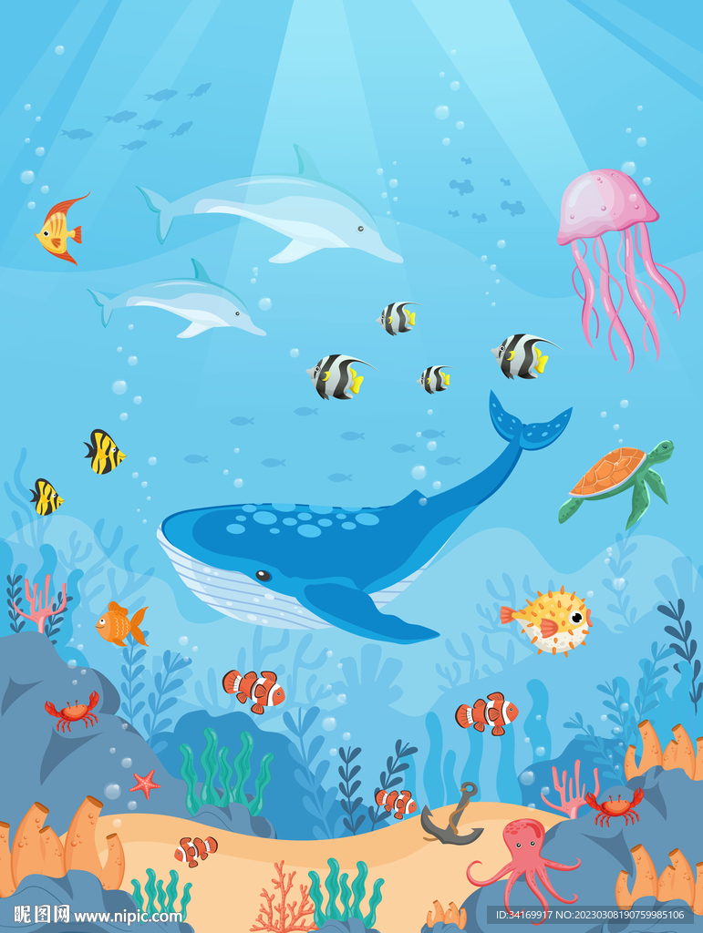 海底世界卡通鲸鱼海豚热带鱼背景