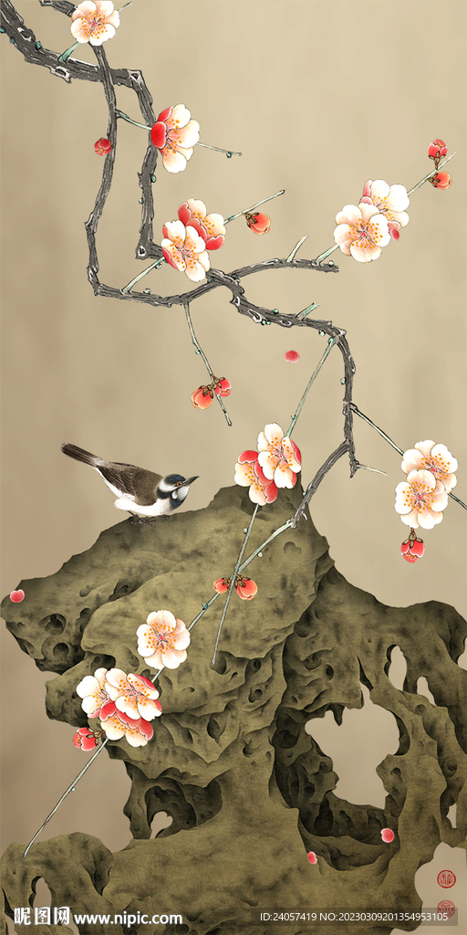 新中式花鸟梅花玄关背景