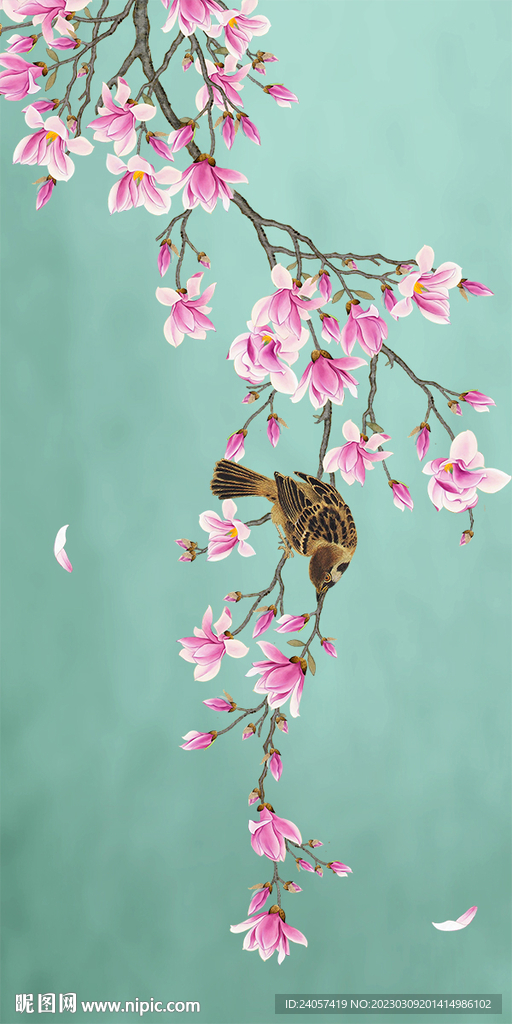 新中式玉兰工笔花鸟玄关装饰画