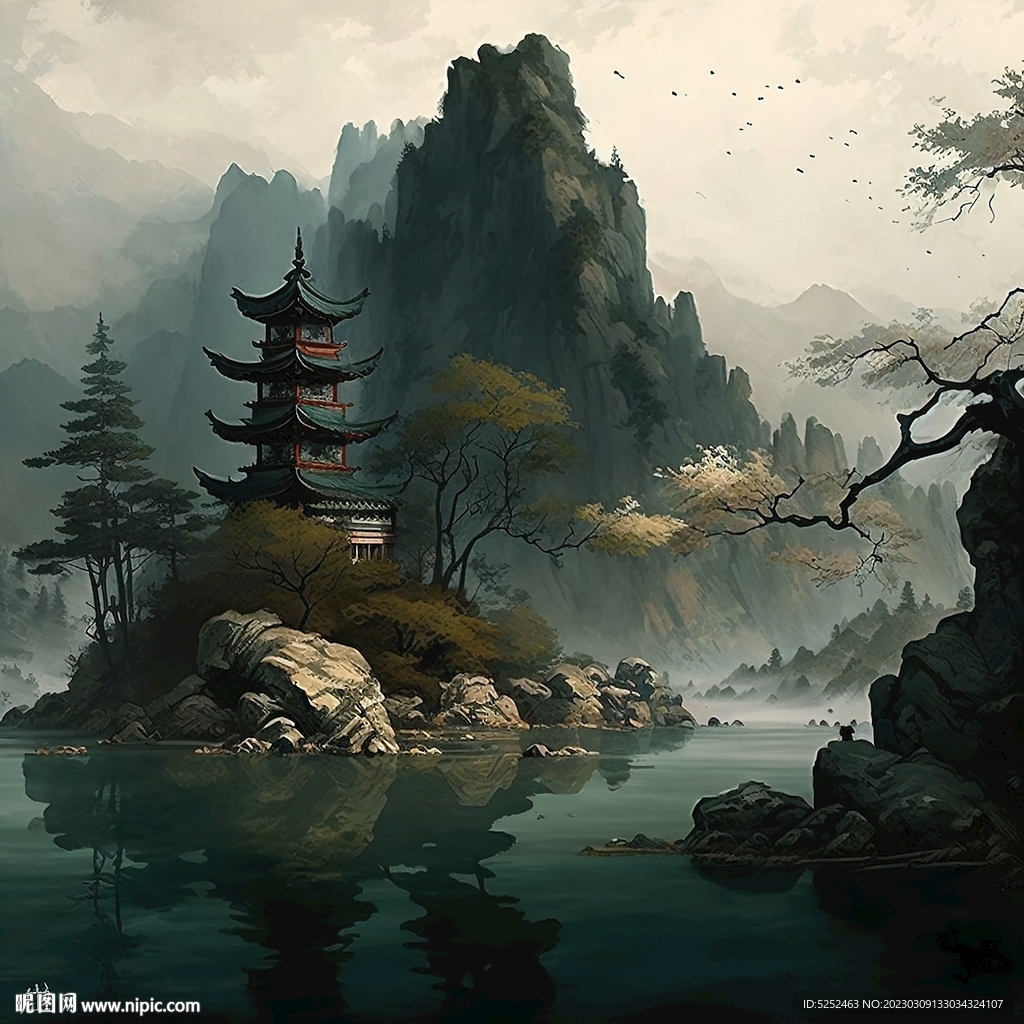 淡雅毛笔山水画