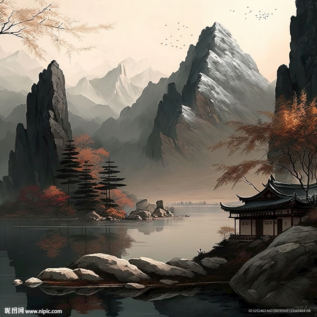 淡雅毛笔山水画