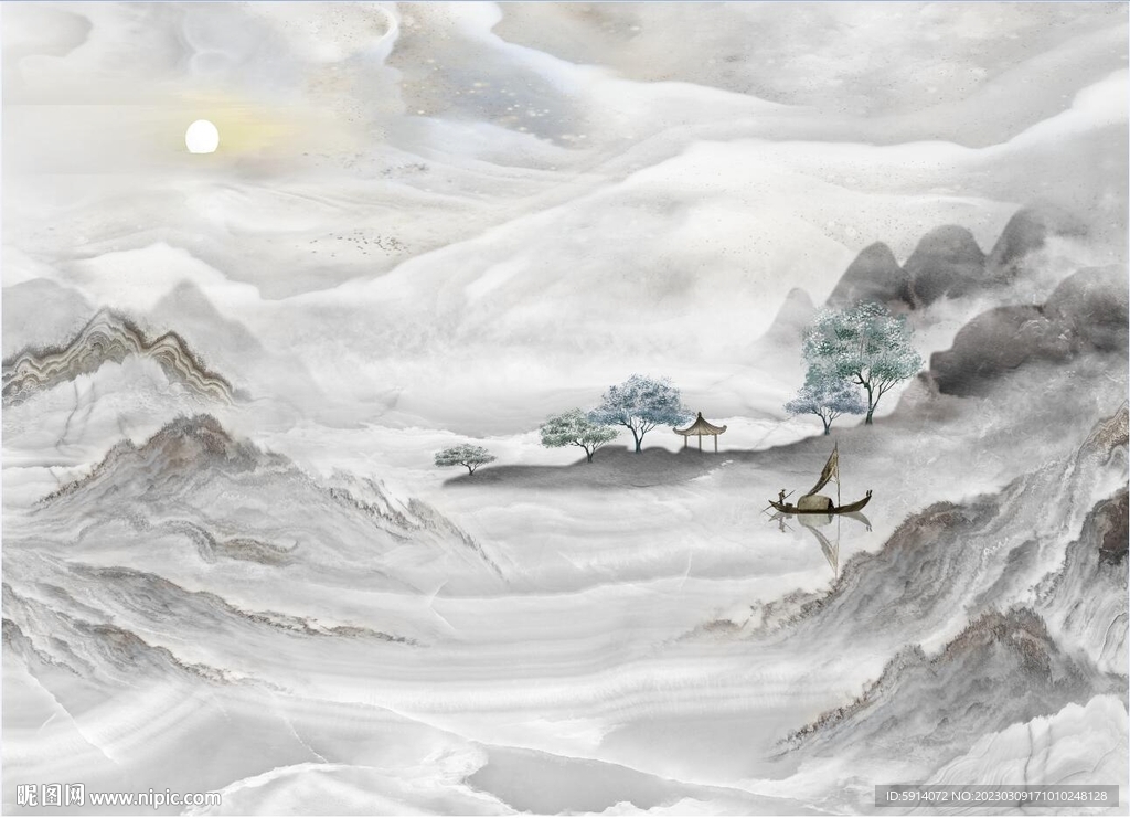 新中式水墨山水画背景墙 装饰画