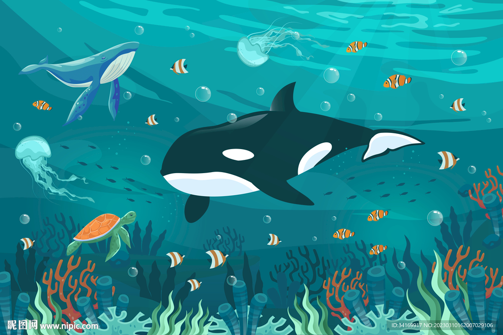 卡通黑鲸梦幻海底热带鱼珊瑚背景