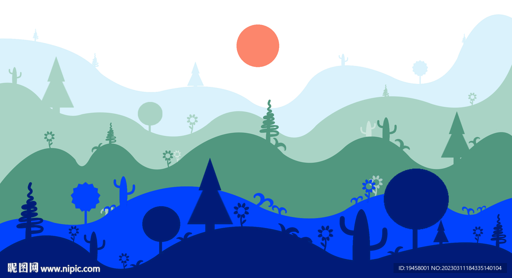 扁平风山峦花草树木