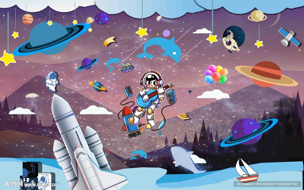 卡通星际太空背景墙