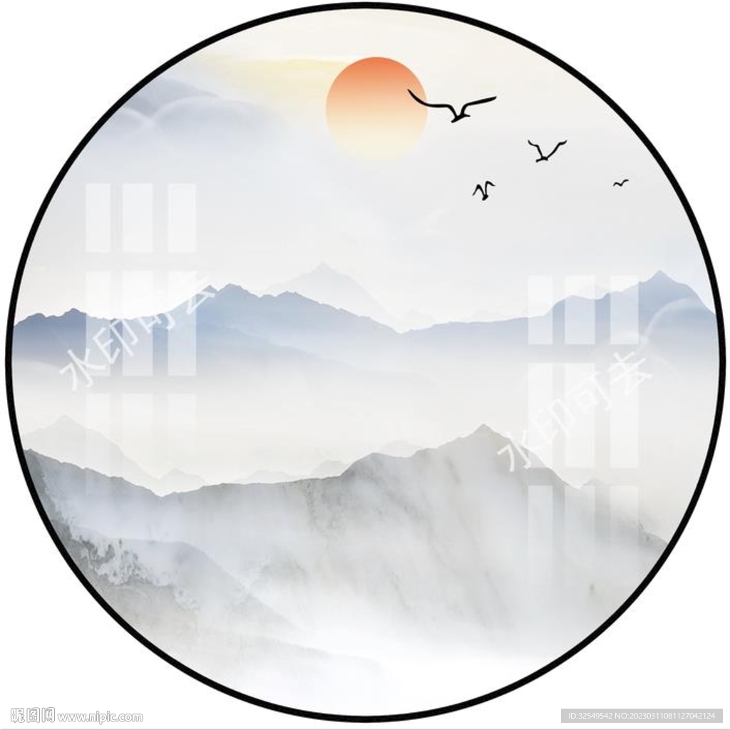 新中式水墨山水圆形装饰画